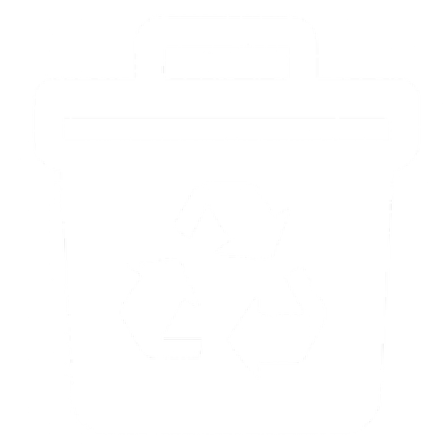 Navy blue icon of a recycling bin with a handle on top and a white recycling symbol made of three arrows in the centre.