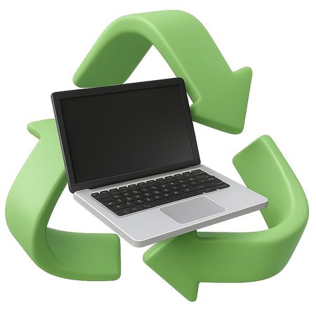 A laptop with a recycling icon around it